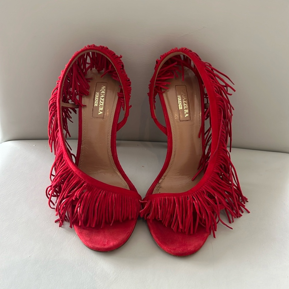 Aquazzura red suede fringe high heel size 381/2 size 8.5